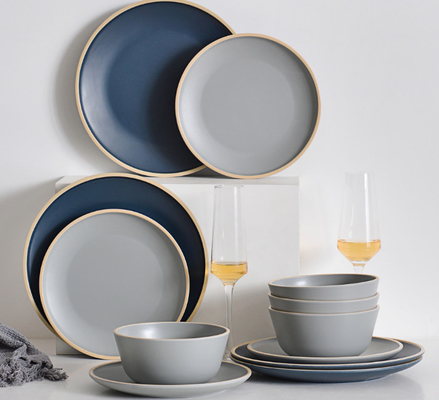 Gufaith Melamin Geschirr-Set, Teller- und Schüssel-Sets, Geschirr-Set für 4, Outdoor-Geschirr-Set, Blau und Grau Farbe, Modern
